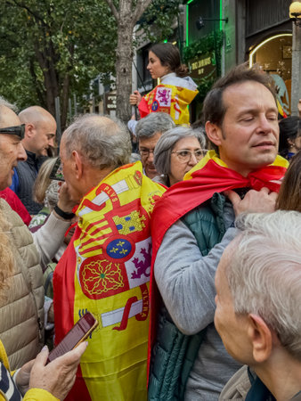 Madrid, Spain - November 12: Protesters at a demonstration against the amnesty for Catalan separatists given by prime-minister Pedro Sanchez, in Puerta de Sol in Madrid, Spain on November 12, 2023のeditorial素材