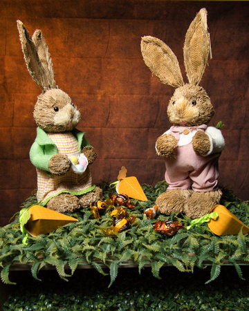 Two rabbits are standing on a green grassy area with carrots and chocolates. One of the rabbits is...