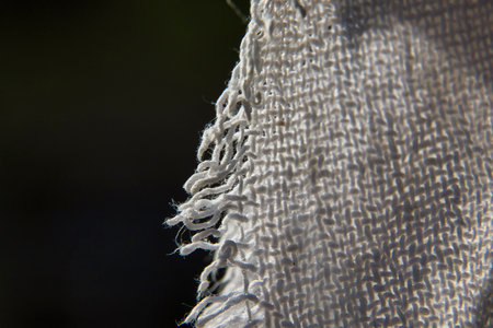 A piece of fabric with frayed edges. The frayed edges give the fabric a worn and tattered appearance