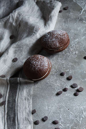 Chocolate brownie on wooden backgroundの写真素材