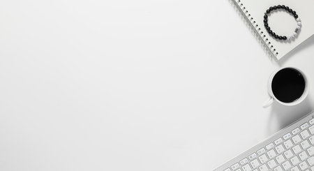 Office desk table top view with office supply, white table with copy space, White color workplace composition, flat layの写真素材