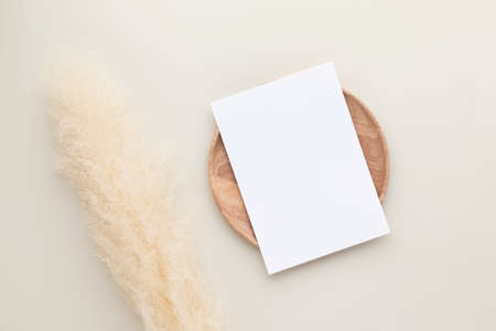 Blank paper cards, Mockup with pampas grass on a wooden plate, beige background, Minimal beige workplace composition, flat lay, mockupの写真素材