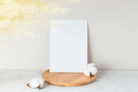 Blank paper cards, Greeting card Mockup with pampas grass on a wooden plate, beige background, Minimal beige workplace composition, mockupの写真素材