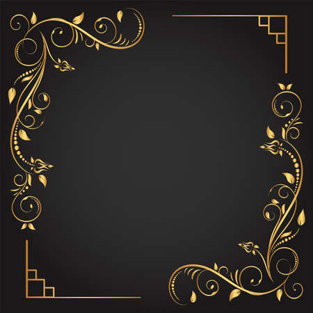 Vintage floral ornament border, Hand drawn decorative element, vector illustration of gold floral frame with black background, Retro design template for page decoration cards, wedding, bannerのイラスト素材