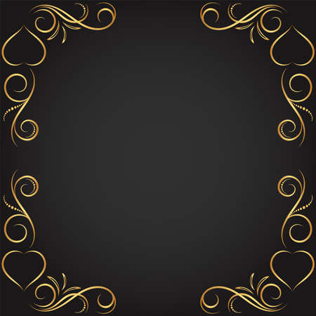 Vintage floral ornament border, Hand drawn decorative element, vector illustration of gold floral frame with black background, Retro design template for page decoration cards, wedding, bannerのイラスト素材