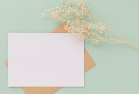 Blank greeting card invitation Mockup 5x7 on Brown envelope with dried flowers on pastel green...