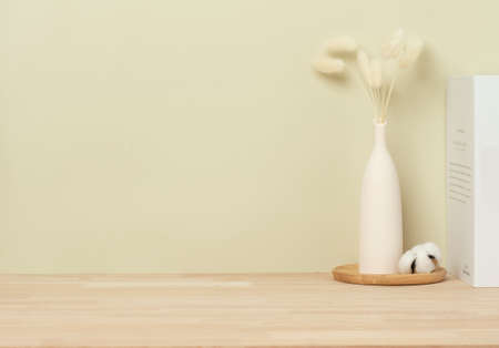 Vase with eucalyptus branches on wooden table near color wall. Space for textの写真素材
