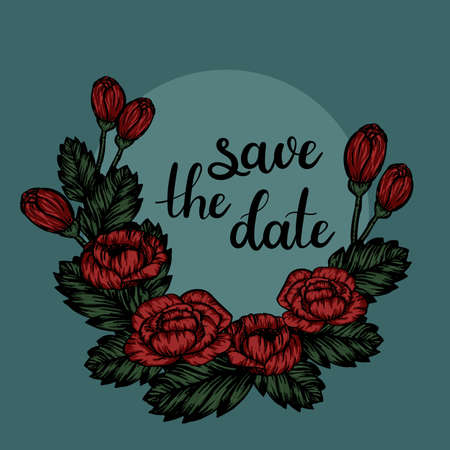 Save The Date Hand Lettering Floral Greeting Card. Modern Calligraphy.のイラスト素材