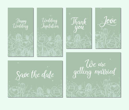 Set of wedding cards. Modern calligraphy. Hand lettering inscription. Vector illustration. Floral frame. Save the date. Wedding themeのイラスト素材