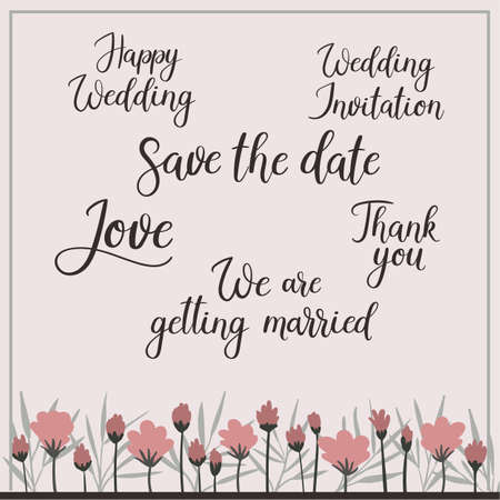 Wedding calligraphy: save the date, happy wedding, thank you, we are getting married. Hand lettering collection for wedding invitations, photo overlays and cards, photo zoneのイラスト素材