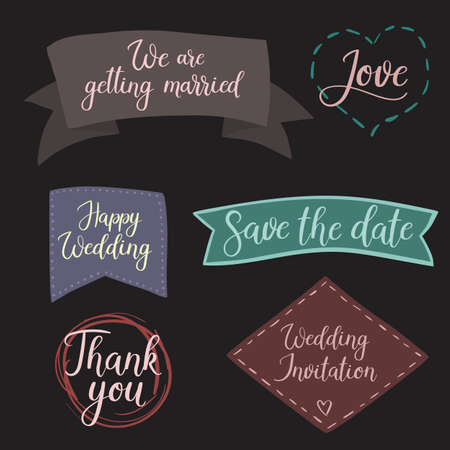 Set of vector stickers and ribbons for design wedding invitations, photo overlays and cards. Modern calligraphy text. Save the date, thank you, wedding invitationのイラスト素材