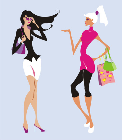 Two beautiful fashion women go shoppingのイラスト素材