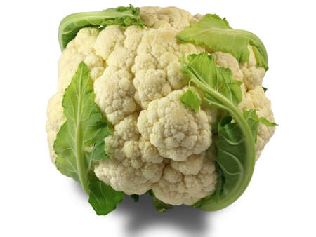a head of fresh cauliflower with green leaves. Isolation on a white background.の写真素材