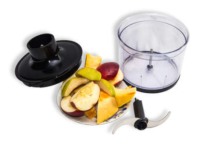Blender and chopped fruit for cooking smoothies. Isolation on whiteの写真素材