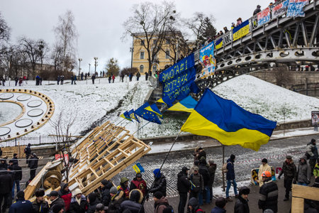 Kyiv, Ukraine, December 8, 2013: The first barricades around Maidan street Institutskaja during demonstrations in central Kievのeditorial素材