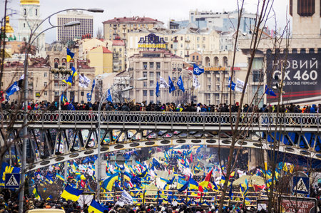Kyiv, Ukraine, December 8, 2013: people at a meeting for the European integration and the resignation of the government in the center of Kiev.のeditorial素材