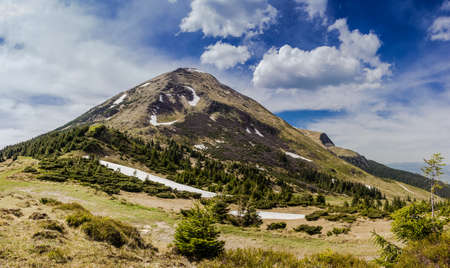 View of Mount Petros in the Ukrainian Carpathians in spring.の写真素材