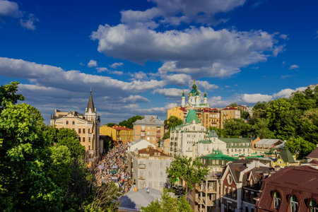Panorama of Andrews Descent in the spring. View from Castle Hill. Kyiv, Ukraine.のeditorial素材