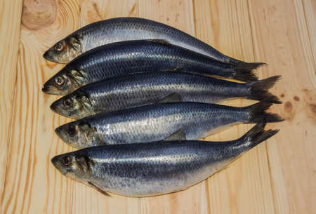 Several large atlantic herrings on a wooden surfaceの写真素材
