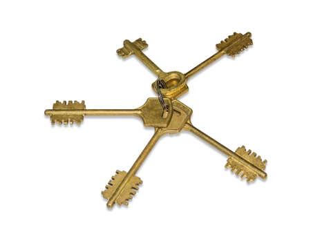 Bunch of keys from the yellow metal to door locks, located as a fan on a light background. Isolation.の写真素材