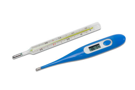Classic mercury medical thermometer and electronic medical thermometer with LCD in the body of blue color on a light background. Isolation.の写真素材
