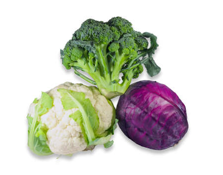 One head of broccoli one head of red cabbage and one head of cauliflower on a light . Isolation.の写真素材