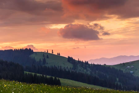 Mountain slopes with forests and pastures in the e sky and the distant mountain range during sunset. Carpathians.の写真素材