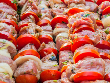 Raw meat with onions, tomatoes and spices prepared for grilling, closeup.