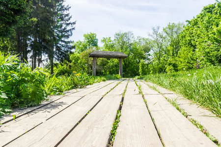 Garden path, lined with wooden planks in the grass, leading to a decorative wooden gate with a roof.の写真素材