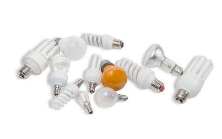 Several electric lamps different sizes and different designs with flasks of different shapes on a light background. Isolation.の写真素材