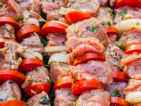 Raw meat with onions, tomatoes and spices prepared for grilling, closeup.の写真素材