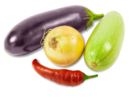 Vegetable marrow, onion, eggplant and pepper chilly on a light background. Isolation.の写真素材