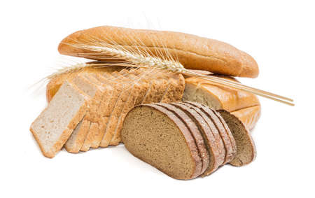 Bread with bran, sliced bread for toasting, wheat bread, sliced brown bread and spikelets of wheat...