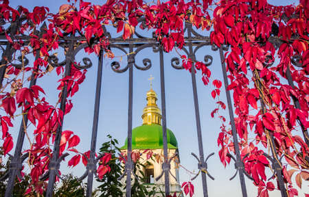 View of the bell tower of the orthodox church through the bars of the fence, covered by ivy with dark red leavesの写真素材