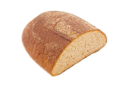 Half a oblong loaf of brown bread from rye and wheat flour closeup on a light background. Isolation