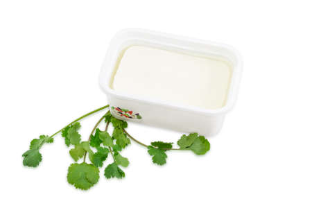 Rectangular container of feta cheese in a brine and a branch of a coriander on a light backgroundの写真素材