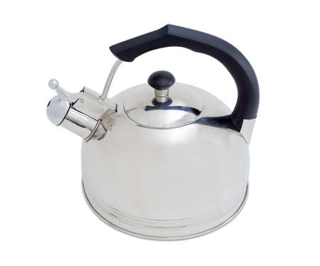 Stainless steel kettle with a whistle on a light backgroundの写真素材