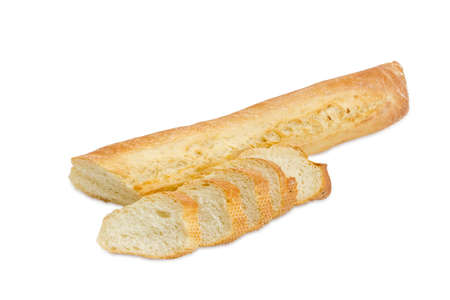 Fresh baguette partly sliced on a light backgroundの写真素材