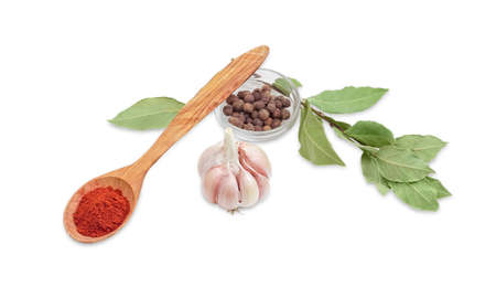 Wooden spoon with chili powder, small glass container of allspice, bulb of a garlic and branch with a dried bay leaves on a light backgroundの写真素材