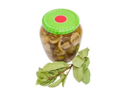 Pickled button mushrooms in glass jar with green screw cap and dried branch of a bay laurel on a light backgroundの写真素材