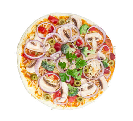 Uncooked round pizza with vegetables, button mushrooms and olives on a light backgroundの写真素材