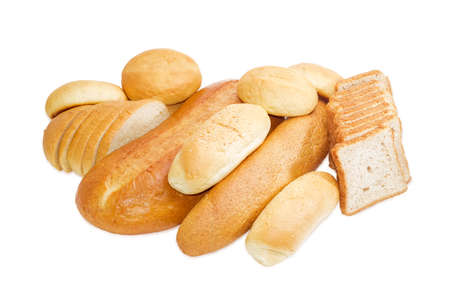 Sliced bread for toasting, wheat bread, bread with bran, sliced white bread and buns with sesame seeds on a light backgroundの写真素材