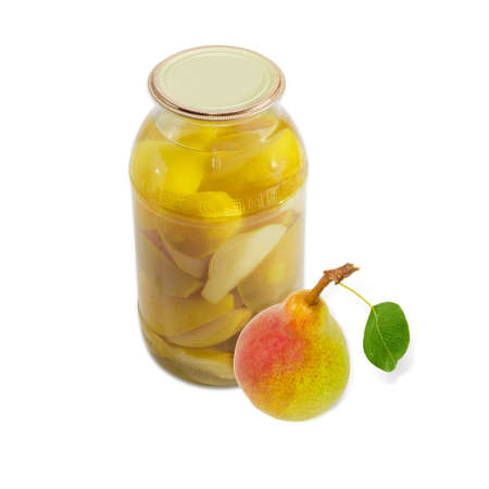 Fresh red and yellow pear Bartlett with leaf and canned pears in glass jar on a light backgroundの写真素材