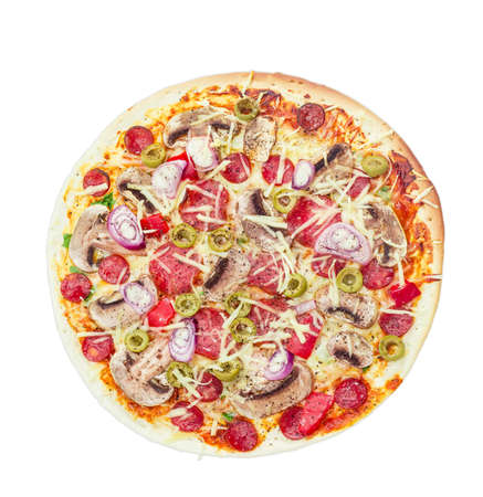 Cooked round pizza with various sausages, button mushrooms and olives on a light backgroundの写真素材