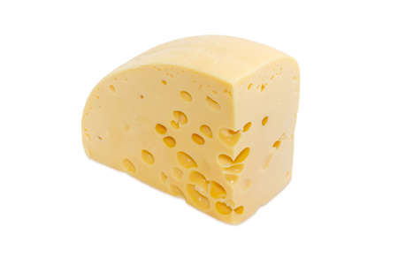 Piece of the medium-hard Swiss cheese with cheese's eyes on a light backgroundの写真素材