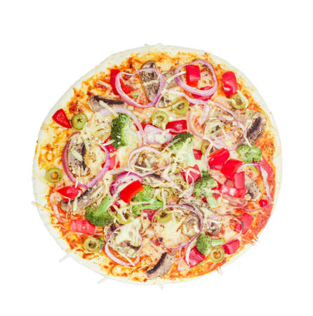 Cooked round pizza with vegetables, button mushrooms and olives on a light backgroundの写真素材