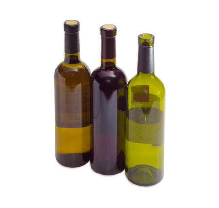 Two corked bottles of white and red wine and uncorked a bottle of white wine on a light backgroundの写真素材