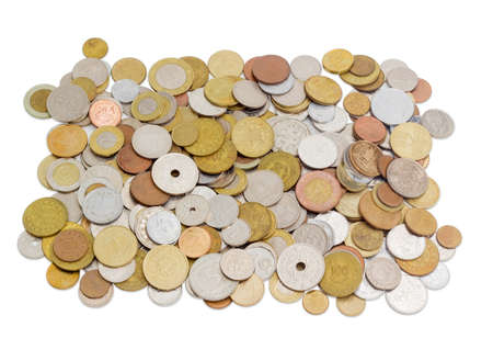 Coins from various countries in circulation at different times on a light backgroundの写真素材