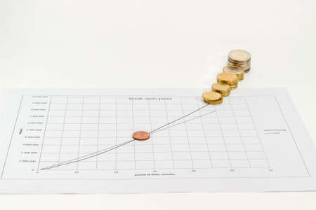 Euro coins different denominations on the line chart of income and cost of sales Vs time on a light backgroundの写真素材