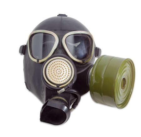 Rubber gas mask with filter mounted on side of the mask and drinking tube on a light backgroundの写真素材